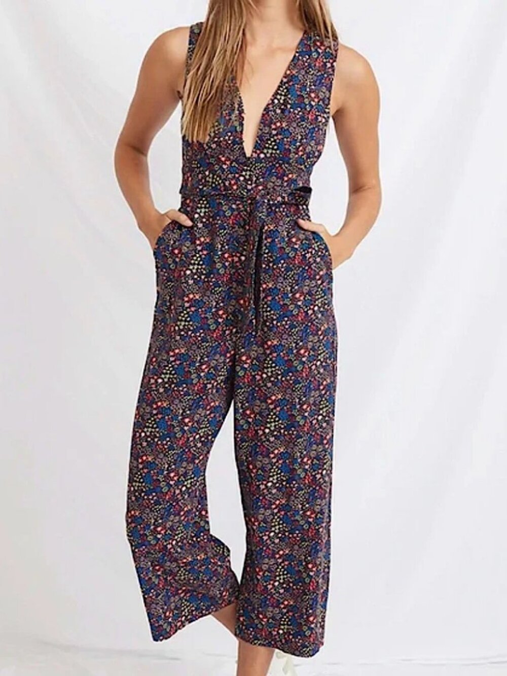 Marine Layer Holli Jumpsuit Sleeveless Floral Pockets V Neck Wide Leg Blue Large - Picture 4 of 7